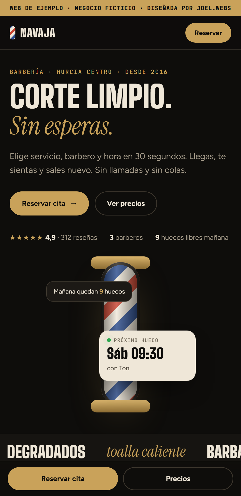 Web de ejemplo de una barbería en un móvil: titular, botones de reservar y próximo hueco libre