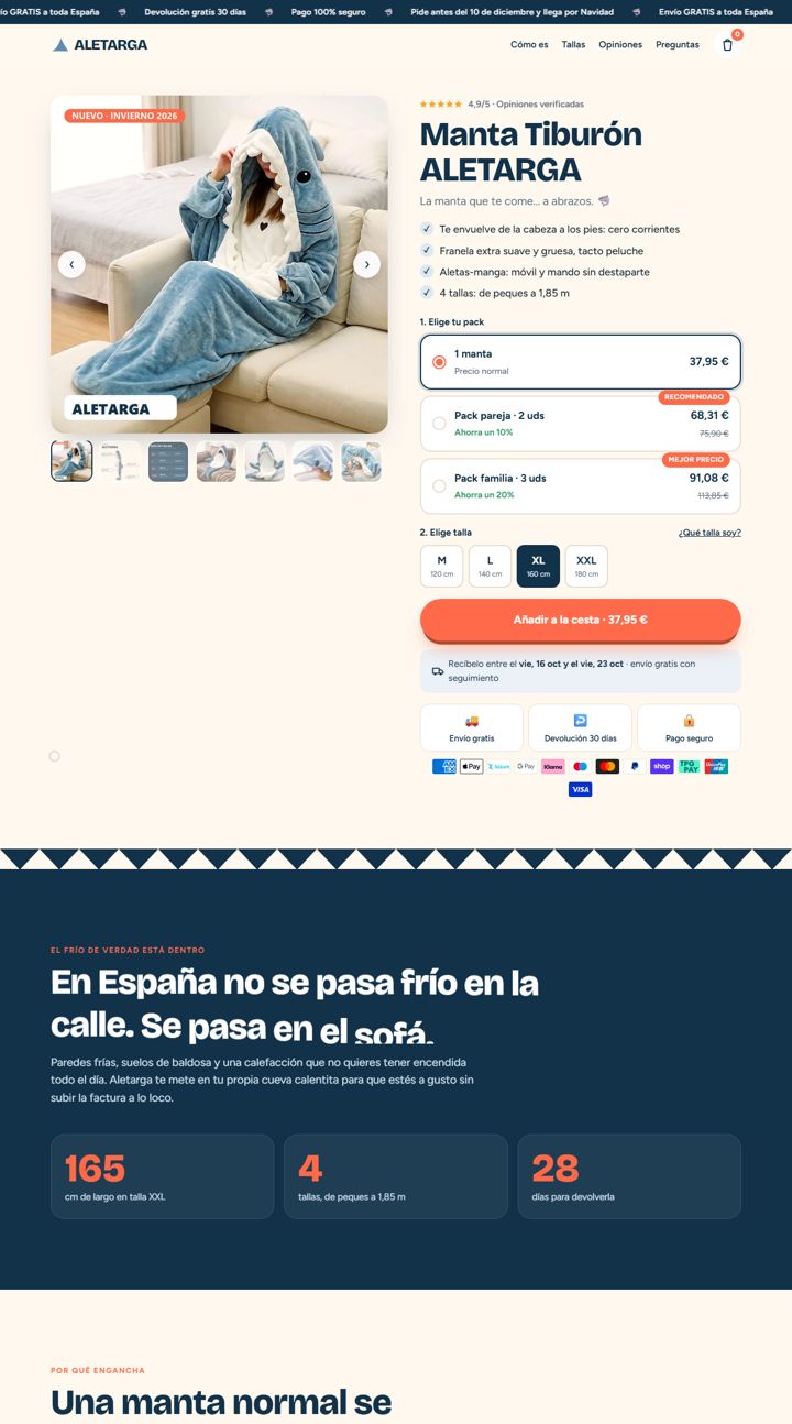 Tienda Aletarga: foto de la manta tiburón, valoración 4,9 sobre 5, selector de packs y secciones de la tienda