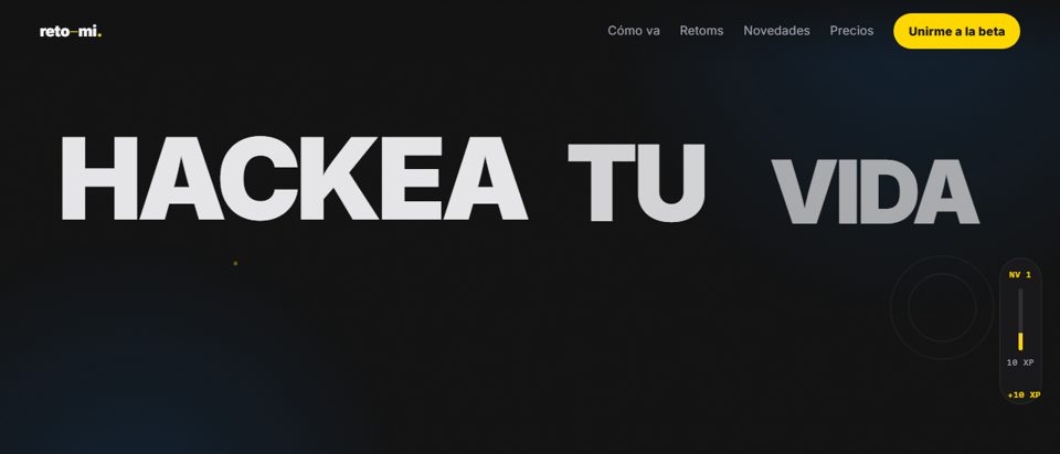 Web de Retomi: titular «Hackea tu vida» sobre fondo oscuro y botón amarillo de unirse a la beta